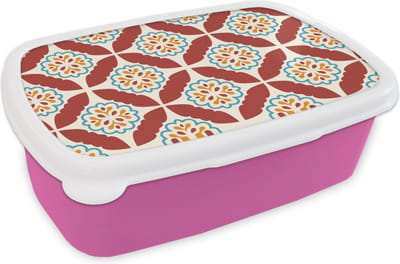 Broodtrommel Roze - Lunchbox - Brooddoos - Bloemen - Tegel - Patroon - 18x12x6 cm - Kinderen - Meisje
