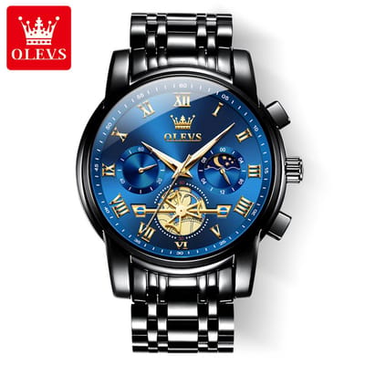 HO-2859.zw-bl : Olevs zwart edelstaal heren horloge, quartz, blauwe wijzerplaat, chronografisch, stopwatch, secondenmolen & minuten & 24uurs/lunarfase subuurwerk