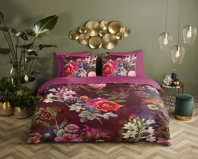 Descanso dekbedovertrek bloemen - 1 persoons 140x200/220 cm - Bordeaux - 100% Katoen satijn