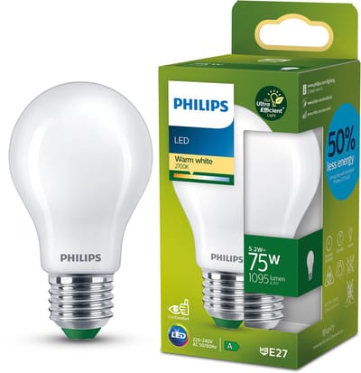 Philips UltraEfficient LED lamp - Mat - 75W - E27 fitting - Warmwit licht: 2700K - Bespaar op energiekosten