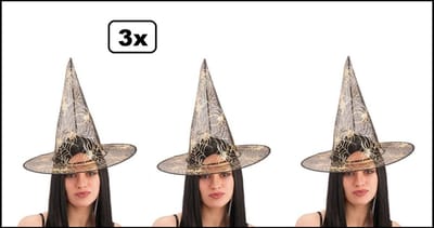3x Heksenhoed Spinnenweb goud transparant - Dames Kids Halloween griezel heks hoed creepy horror