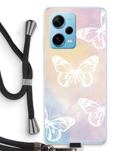 Case Company® - Hoesje met koord geschikt voor Xiaomi Redmi Note 12 Pro Plus hoesje met Koord - White butterfly - Telefoonhoesje met Zwart Koord - Bescherming aan alle Kanten en Over de Schermrand