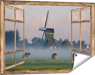Gards Tuinposter Doorkijk Landschap met Koeien - 90x60 cm - Tuindoek - Tuindecoratie - Wanddecoratie buiten - Tuinschilderij