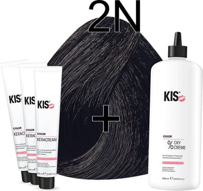 Kis KeraCream Color - 100ml - Haarverf Set - 2N Bruin | KIS - (3 x haarverf & 1L waterstofperoxide)