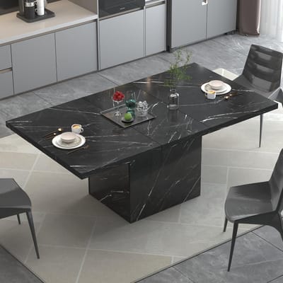Eettafel Zwart Marmer - Eettafel Rechthoekig - 6 Personen Eten - Faux Marmeren Top - 63 Inch - Zwart