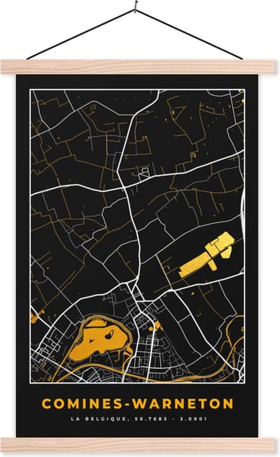 Posterhanger incl. Poster 40x60 cm - Schoolplaat - Comines-Warneton - Plattegrond - Kaart - Goud - Stadskaart - Textielposter - Blanke latten - Stadskaart
