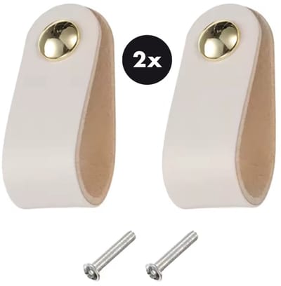 Actie4you® - Leren Handgrepen – Meubelgreep – Handvaten Kast – Keukengreep – Ladegreep – Leren Lus – Incl. sierschroeven - Set van 2 – Buffel Leer – Wit