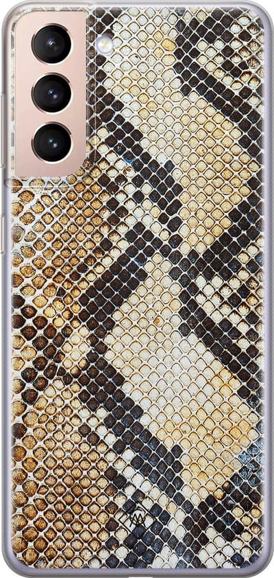 Casimoda® hoesje - Geschikt voor Samsung S21 Plus - Snake / Slangenprint bruin - Backcover - Siliconen/TPU - Goudkleurig