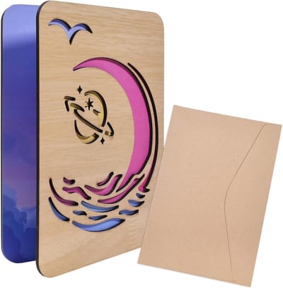 Houten Wenskaart - Verjaardagskaart Hout - Verjaardag Vieren - Gegraveerd Oceaan Maan - 15 x 20 cm - Paars
