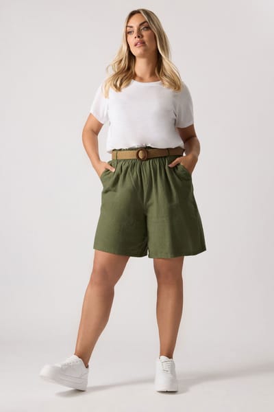 Yours Short Van Linnenmix Met Geweven Riem In Kakigroen Size 50-52