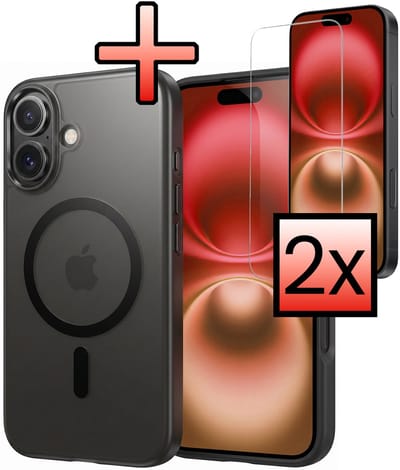 Hoesje - Met 2x Screenprotector - Geschikt voor Apple iPhone 16 - Magsafe Compatible - Sterk & Shockproof - Back Cover - Shock Proof Case - Telefoon Hoes - Zwart