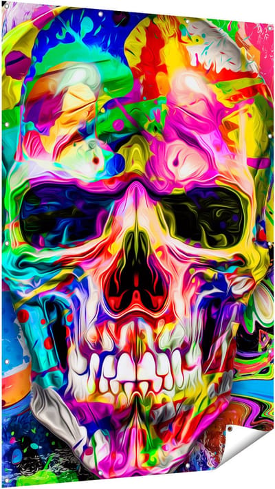 Gards Tuinposter Gekleurde Schedel - Doodskop - Doodshoofd - 120x180 cm - Tuindoek - Tuindecoratie - Wanddecoratie buiten - Tuinschilderij