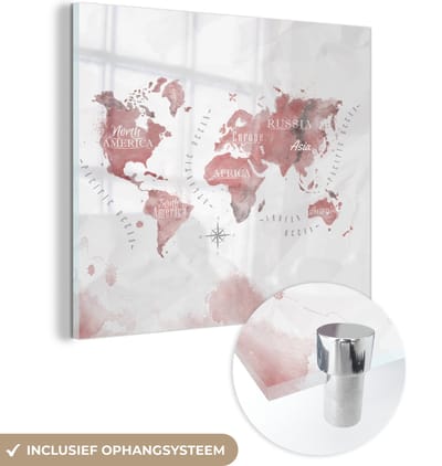 ® Glasschilderij 90x90 cm - Schilderij acrylglas - Wereldkaart - Waterverf - Rood - Foto op glas - Muurdecoratie woonkamer - Wanddecoratie slaapkamer - Schilderijen