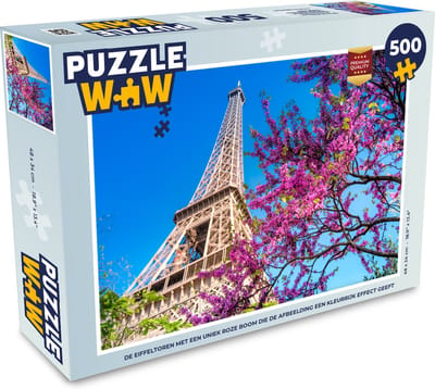 Puzzel De Eiffeltoren met een uniek roze boom die de afbeelding een kleurrijk effect geeft - Legpuzzel - Puzzel 500 stukjes