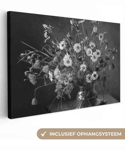 Canvas schilderij 30x20 cm - Wanddecoratie Boeket - Bloemen - Olieverf - Stilleven - Zwart - Wit - Muurdecoratie woonkamer - Slaapkamer decoratie - Kamer accessoires - Schilderijen op canvas