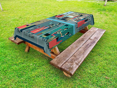 ABAKUHAUS Kapper Buitentafelkleed, Tag in Barbershop, Decoratief Wasbaar Picknicktafelkleed, 145 x 210 cm, Blauw Groen Rood