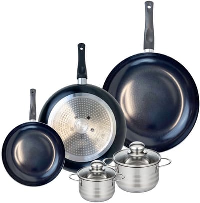 Set van 3 Koekenpannen 20, 28 en 32 cm en 2 kookpotten 12 en 14 cm Elo Prima Brillant