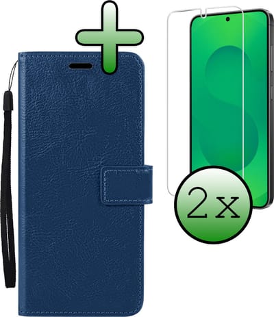 Hoesje Met 2x Screenprotector - Geschikt voor Samsung Galaxy S25 - Luxe Pasjeshouder - Bookcase Portemonee - Flip Case - Kunstleer Book Case - Flipcase Hoes - Book Cover - Walletcase - Portemonneehoes - Donkerblauw