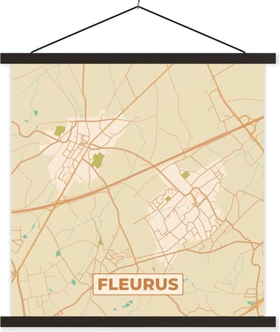 Posterhanger incl. Poster 60x60 cm - Schoolplaat - Fleurus - Vintage - Stadskaart - Plattegrond - Kaart - Textielposter - Zwarte latten - Stadskaart