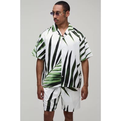 Oversized Satijnen Shirt Met Korte Mouwen En Short Set Met Palmboomprint | Sage | Size XS