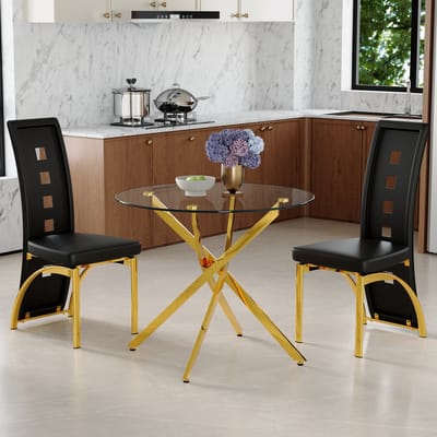 Tafel- en stoelenset. Luxe eettafel van 88 cm van gehard glas + 2 zwarte eetkamerstoelen met een geometrisch geperforeerd patroon van kunstleer. Moderne, minimalistische set bestaande uit 1 tafel en 2 stoelen.