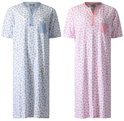 Lunatex - 2 dames nachthemden 224176 - korte mouw - 100% katoen - blauw en roze - maat M