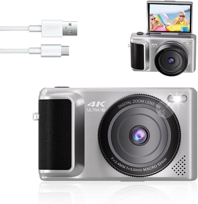 4K 64MP digitale camera voor vloggen en fotografie, compact met 18x ​​digitale zoom, 2,8 inch 180° draaibaar scherm autofocus videocamera voor beginners - 32 GB