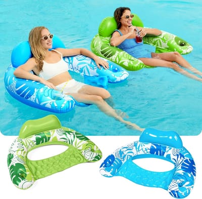 Opblaasbare zwembadstoelen voor volwassenen, set van 2, met bekerhouders, drijvende zwembadstoelen, benodigdheden voor een zomers zwembadfeest voor volwassenen - blauw/groen