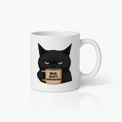 Grappige Zwarte Kat Mok met "Well, That's Unfortunate" Tekst – Unieke Koffiebeker voor Kattenliefhebbers en Humor Fans