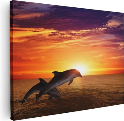Artaza Canvas Schilderij Dolfijnen Zee En Strand - 40x30 cm - Klein - Wanddecoratie Dieren - Muurdecoratie Zonsondergang - Kamer Accessoires