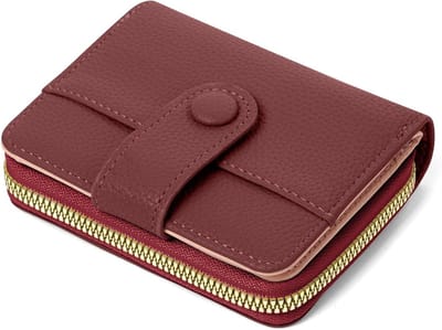 Dames Leren Portemonnee met Muntvak en Rits, Multifunctionele Kleine Portemonnee voor Creditcards en ID, Donkerrood, Minimalistisch Ontwerp en Ruimte voor Meerdere Kaarten