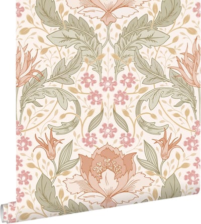 ESTAhome behang vintage bloemen in art nouveau stijl beige, roze en groen - 50 x 900 cm - 131078