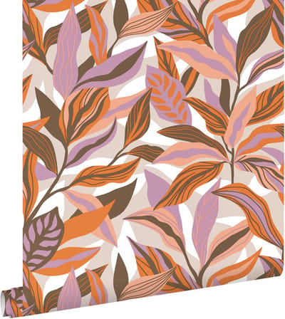 ESTAhome behang tropische bladeren oranje, paars en roze - 50 x 900 cm - 131042