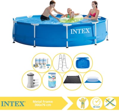 Intex Rond Frame Zwembad - 366 x 76 cm - Blauw - Inclusief Pomp - Onderhoudspakket - Filter - Grondzeil - Solar Mat - Ladder - Voetenbad - 8-delig