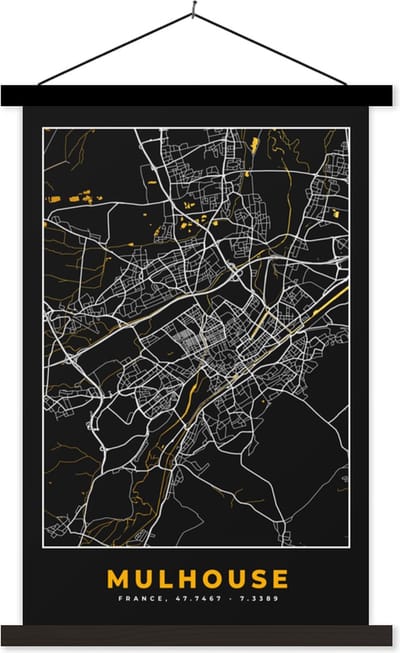 Posterhanger incl. Poster 40x60 cm - Schoolplaat - Frankrijk - Plattegrond - Mulhouse - Stadskaart - Kaart - Textielposter - Zwarte latten - Stadskaart