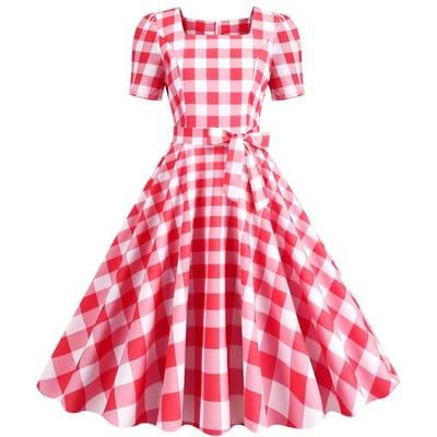 Dames Vintage geruite jurk met vierkante kraag en korte mouwen Midi-jurk Hoge taille Strik Decor A-lijn swingjurk S pink