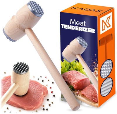 KADAX Vleeshamer, schnitzelklopper van hout, dubbelzijdige vleeshamer met metalen uiteinde, ronde klophamer voor schnitzels en rundvlees