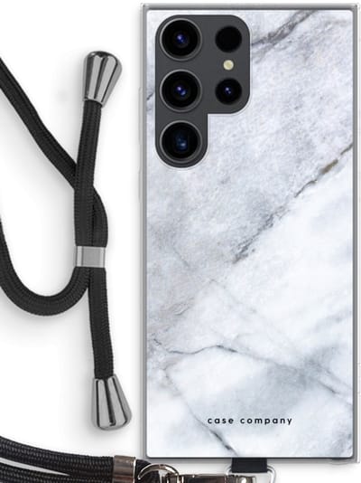 Hoesje met koord geschikt voor Samsung Galaxy S23 Ultra hoesje met Koord - Witte marmer - Telefoonhoesje met Zwart Koord - Bescherming aan alle Kanten en Over de Schermrand