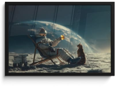 Poster in lijst - Fotolijst 60x40 cm - Posters - Astronaut - Kat - Glas - Stoel - Posterlijst zwart - Decoratie - Wanddecoratie woonkamer - Muurdecoratie slaapkamer