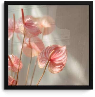 Poster in lijst - Fotolijst 40x40 cm - Posters - Bloemen - Stelen - Roze - Schaduw - Posterlijst zwart - Decoratie - Wanddecoratie woonkamer - Muurdecoratie slaapkamer