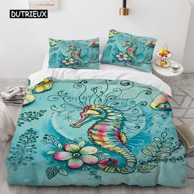Zeepaardje Beddengoedset Oceaan Dier Dekbedovertrek Onderwaterwereld Oranje Koraal Marien Leven Zee-egel Zacht Vrouwen Kind Slaapkamerdecor EU single(135x200cm)