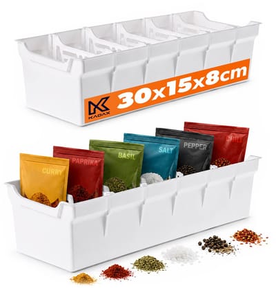 KADAX Kruidenorganizer 30 x 15 x 8 cm, houder voor kruidenzakjes met vakjes, kruidenpotjes, kruidenopbergsysteem voor lades en keukenkastjes, opbergdoos (wit)