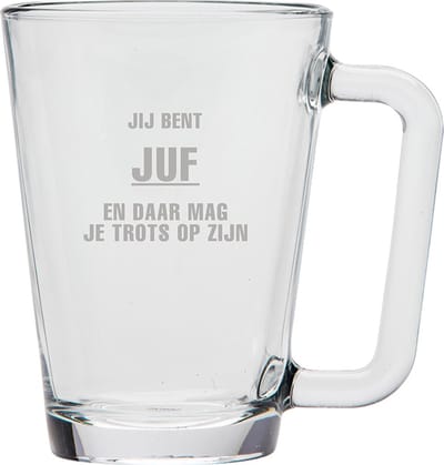 Gegraveerde theeglas 26cl Jij bent Juf en daar mag je trots op zijn