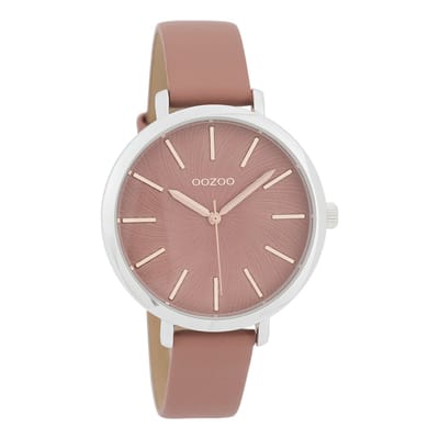 Zilverkleurige OOZOO horloge met warm roze leren band - C9696