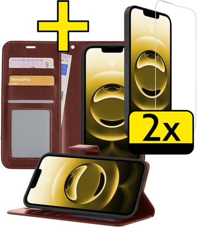 Hoesje - Met 2x Screenprotector - Geschikt voor Apple iPhone 16e - Luxe Pasjeshouder - Bookcase Portemonee - Flip Case - Kunstleer Book Case - Flipcase Hoes - Book Cover - Walletcase - Portemonneehoes - Telefoonhoesjes - Bruin