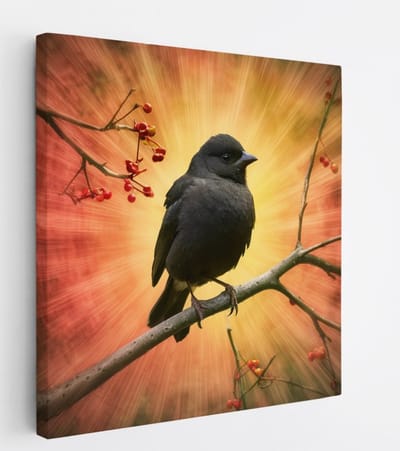 Saammp Canvas Schilderij - Zwarte Vogel op tak - Dieren - Bloemen - 20x20 - Foto op canvas - Wanddecoratie - muurdecoratie Woonkamer - Slaapkamer decoratie - Canvas Print