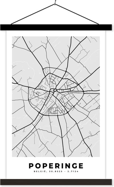 Posterhanger incl. Poster 40x60 cm - Schoolplaat - België – Poperinge – Stadskaart – Kaart – Zwart Wit – Plattegrond - Textielposter - Zwarte latten - Stadskaart