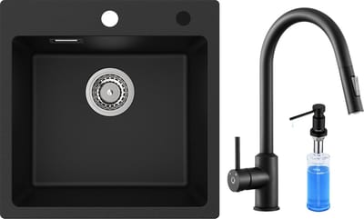 CECIPA max Spoelbak Keuken 45x45cm - Graniet Spoelbakken Met Keukenkraan Met Uittrekbare Uitloop en zeepdispenser - Graniet Enkele spoelbak - Spoelbakken met Afdruip - Antraciet