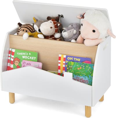 COSTWAY Speelgoedkist van hout met plank, speelgoedkist met deksel, opbergkist, speelgoedbox voor kinderspeelgoed, speelgoedopslag voor kinderkamer, speelkamer, 60 x 30 x 44 cm, wit