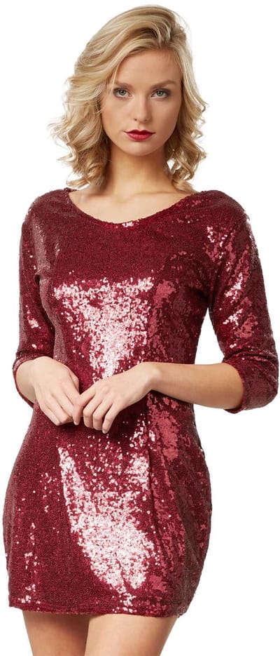dressforfun - Paillettenjurk met lange mouwen wijnrood L - verkleedkleding kostuum halloween verkleden feestkleding carnavalskleding carnaval feestkledij partykleding - 303798